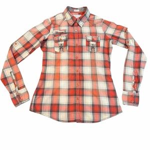 Roar Embroidered Plaid Western Shirt – Size‎ M – Studded Cross Detail